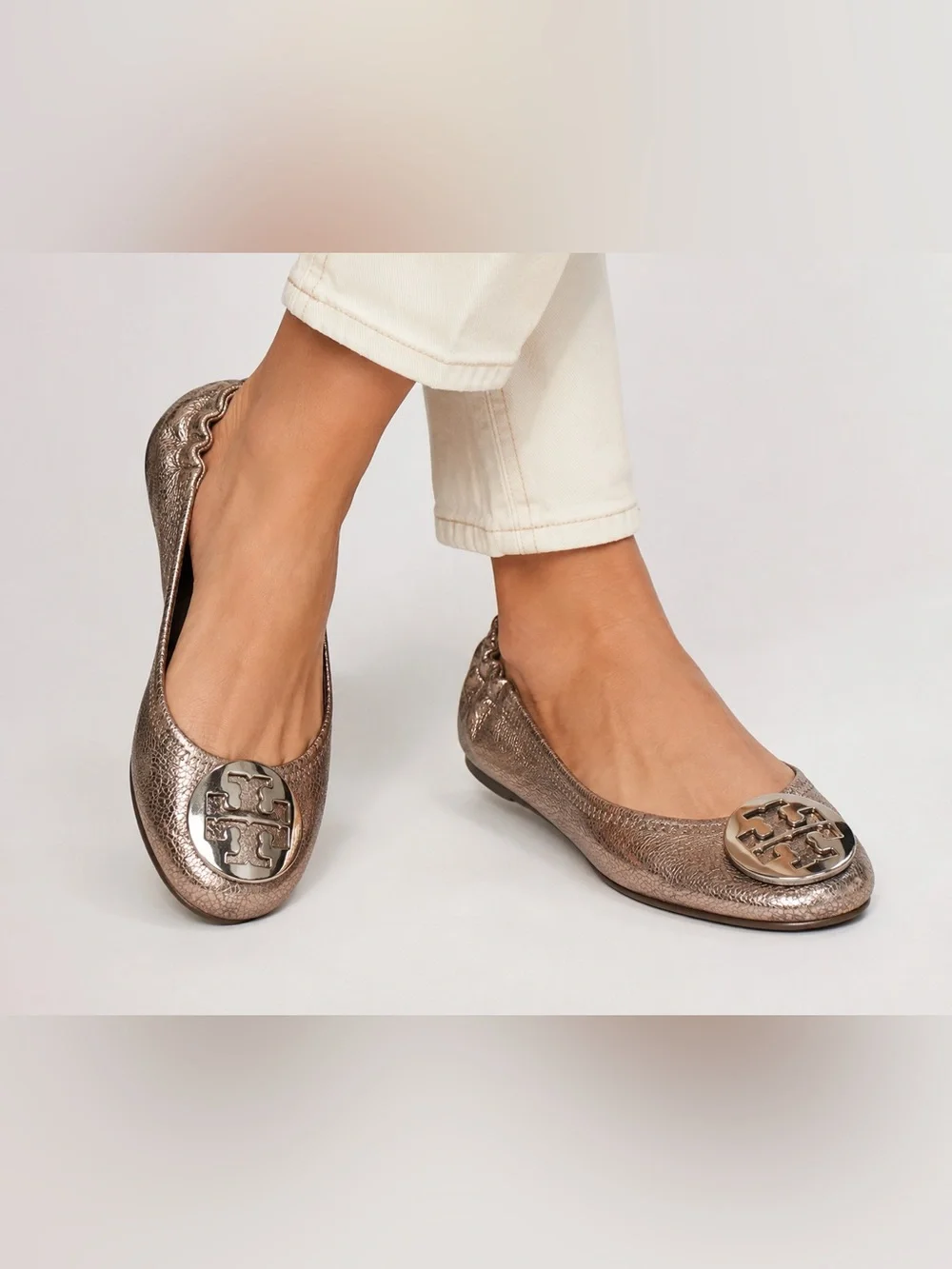 Tory Burch Reva Metallic Leather Ballet Flats Logo Stretch Back 6 6.5 Balletcore